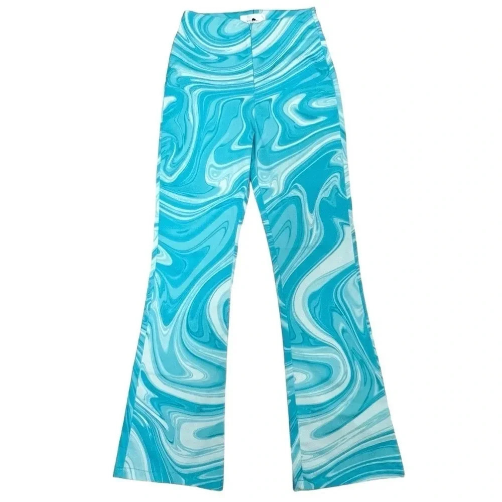 Hosbjerg Vilma Paloma Flared Pants Turquoise Blue Liquid Retro Coastal Size XS